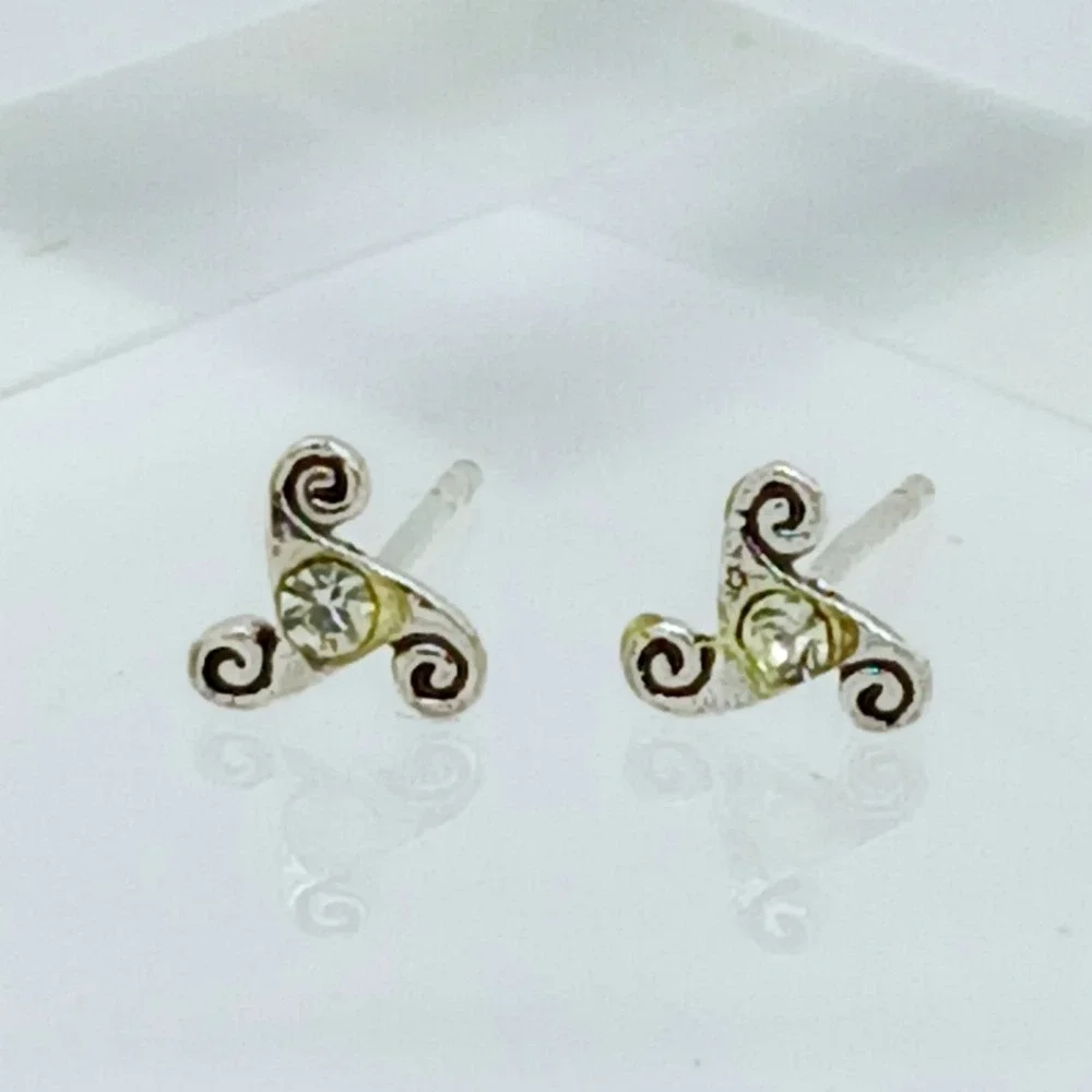 Sterling Silver 925 Celtic Triskelion Stud Earrings Crystal Triple‎ Spiral